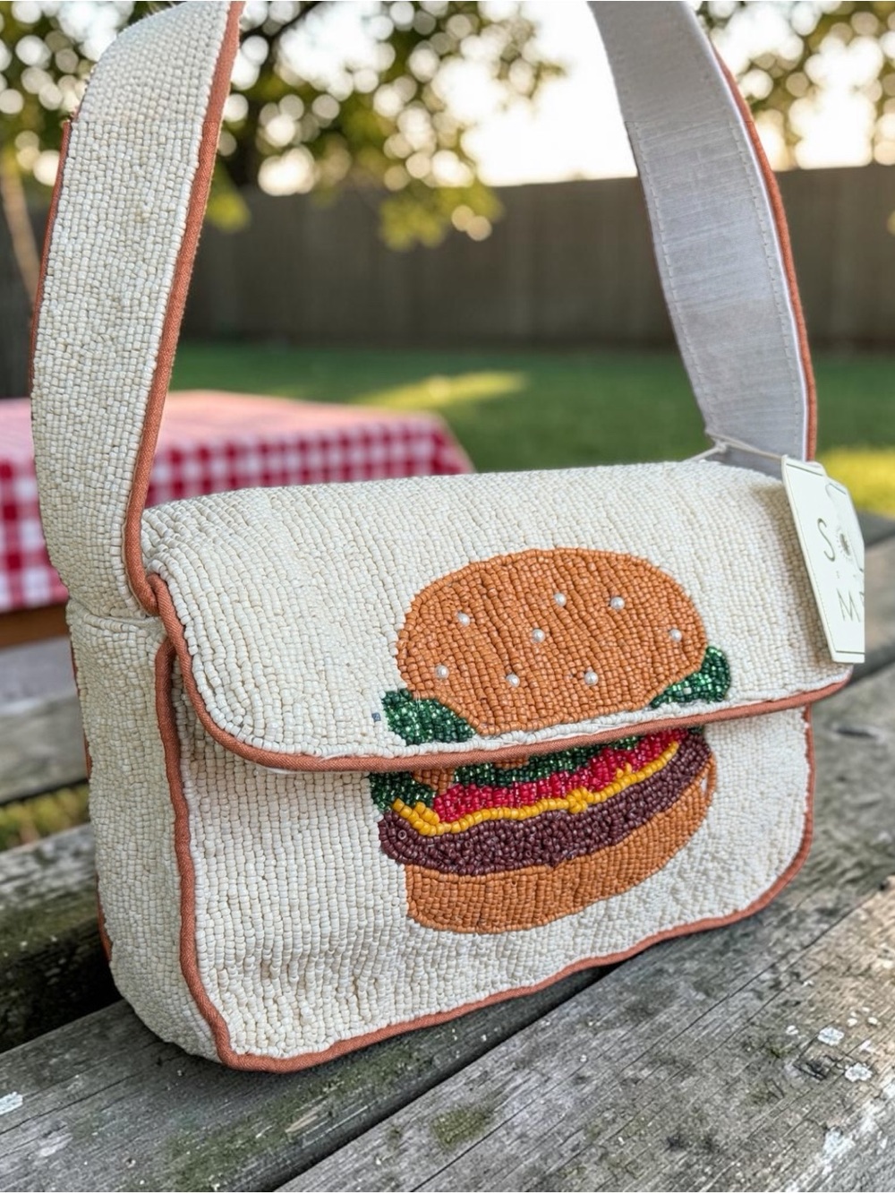 SOL & MER • LABOR DAY Beaded Cheeseburger Hamburger Statement Shoulder Bag NWT